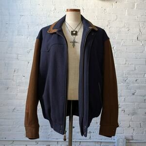Vintage Navy Wool Leather Bomber Jacket Brown Varsity Western Utility Coat Large